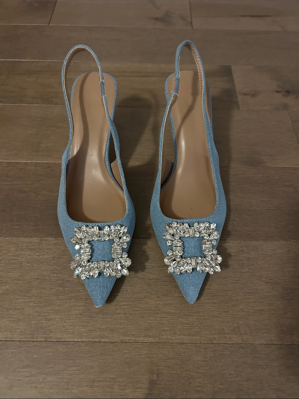 Crystal-Buckle Light Blue Slingback Mules